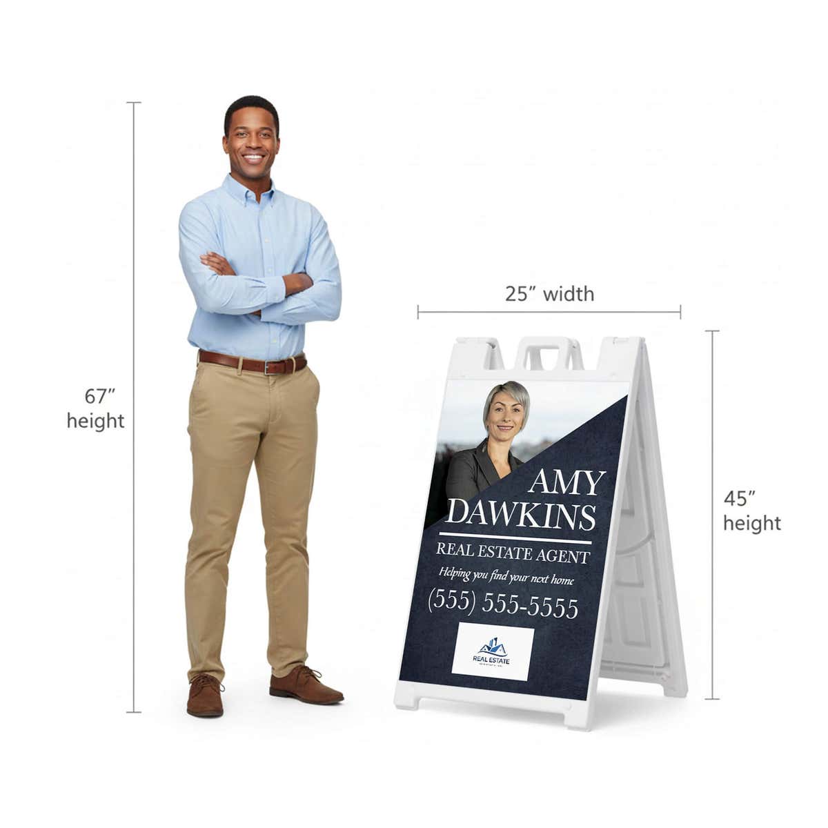 Diagonal real estate A-frame sign shown with size dimensions beside a man