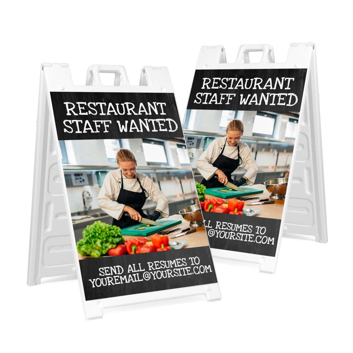 Two restaurant staff wanted A-frame sidewalk signs shown front and angled