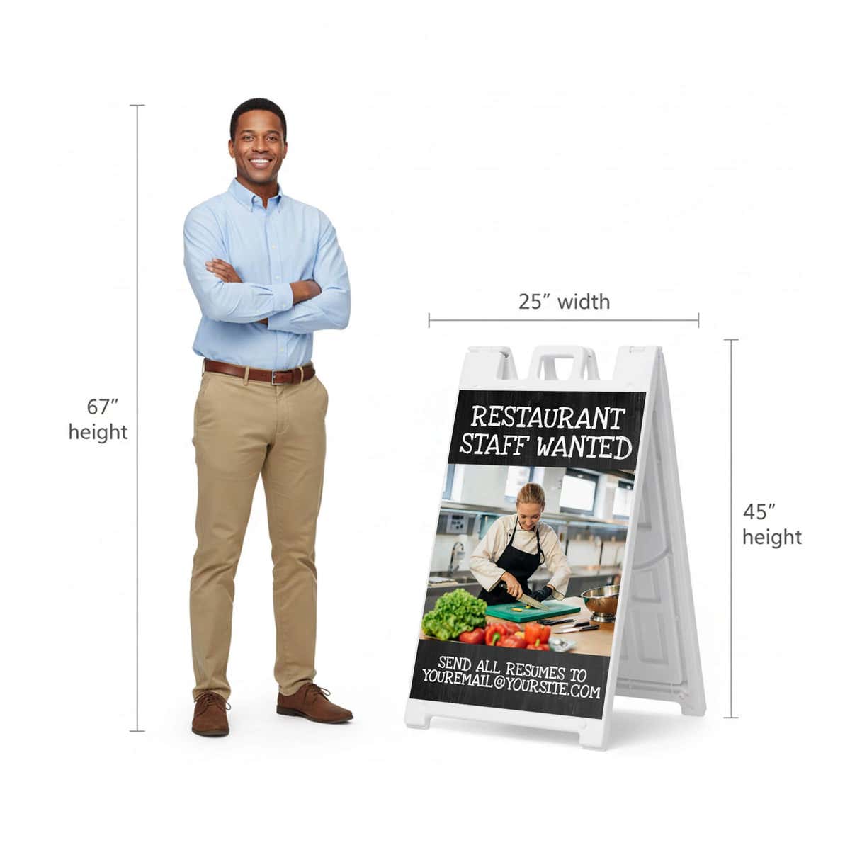 Restaurant staff wanted A-frame sign shown with size dimensions beside a man