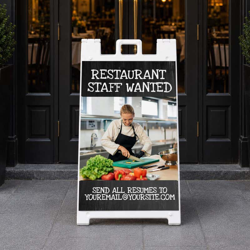 Restaurant staff wanted A-frame sign standing on a sidewalk