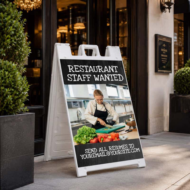 Restaurant staff wanted A-frame sign standing on a sidewalk