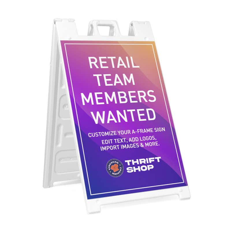 Retail sale A-frame sidewalk sign in white plastic frame, angled view