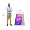 Retail sale A-frame sign shown with size dimensions beside a man