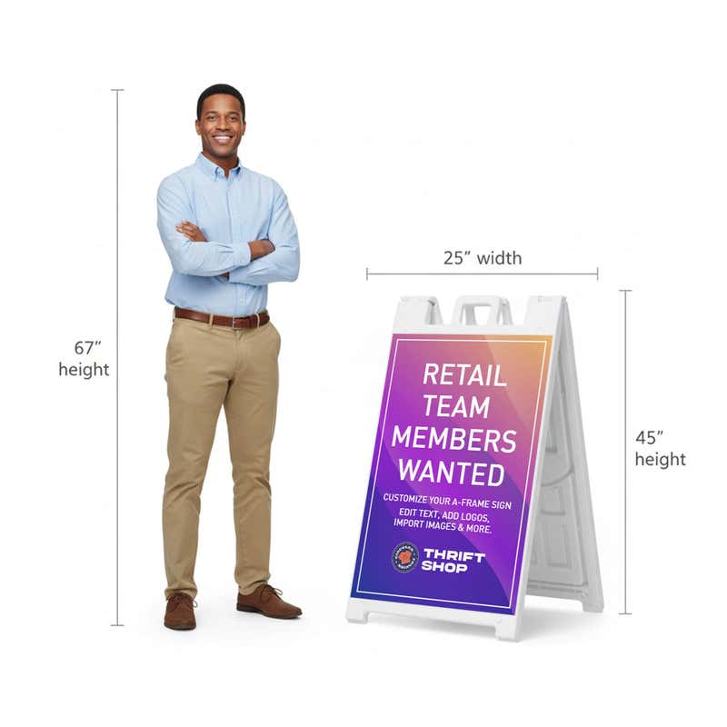 Retail sale A-frame sign shown with size dimensions beside a man