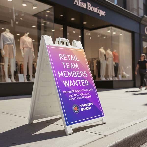 Retail sale A-frame sign standing on a sidewalk