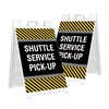 Two shuttle service A-frame sidewalk signs shown front and angled