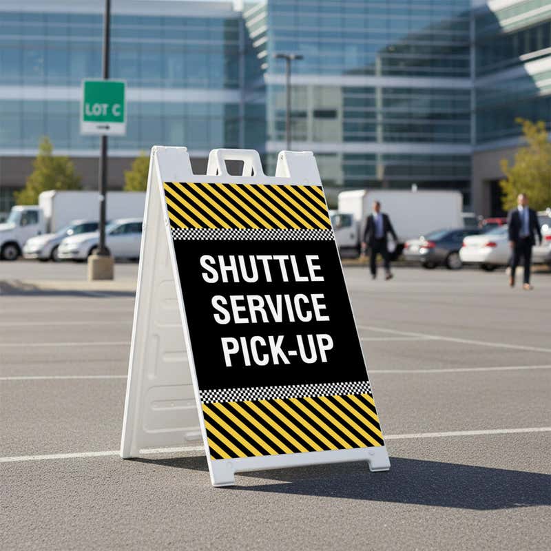 Shuttle service A-frame sign displayed in a parking lot