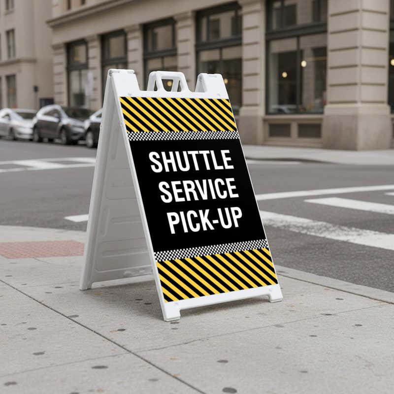 Shuttle service A-frame sign standing on a sidewalk