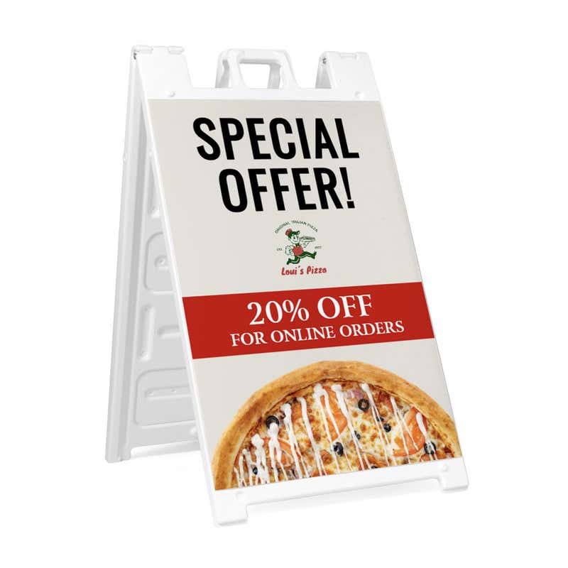 Special offer A-frame sidewalk sign in white plastic frame, angled view