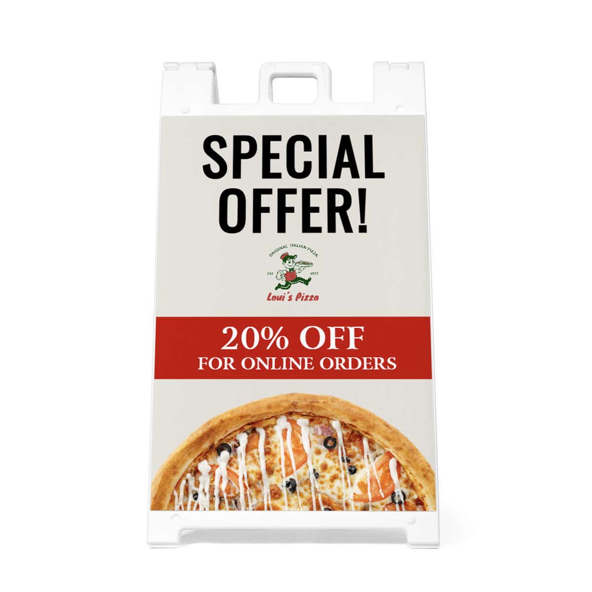Front view of the special offer A-frame sidewalk sign