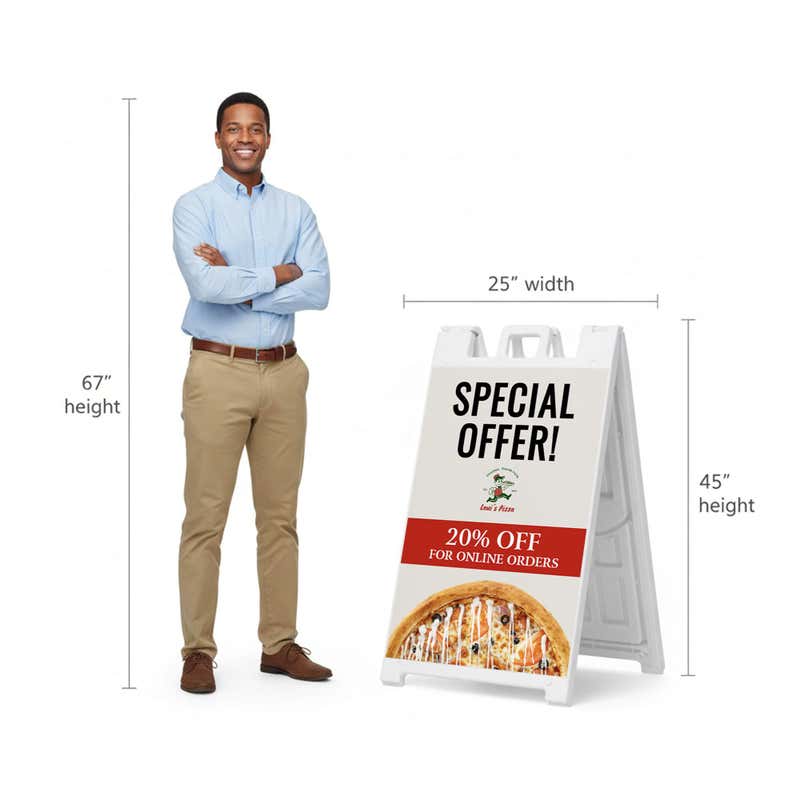 Special offer A-frame sign shown with size dimensions beside a man
