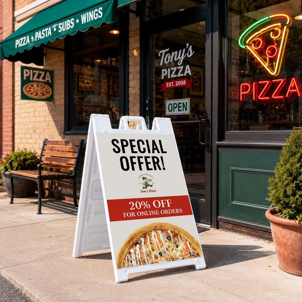 Special offer A-frame sign standing on a sidewalk