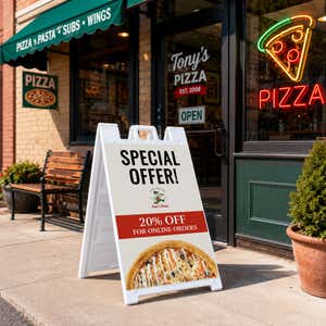 Special offer A-frame sign standing on a sidewalk