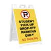 Student pickup A-frame sidewalk sign in white plastic frame, angled view