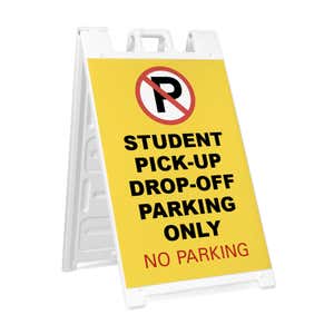 Student pickup A-frame sidewalk sign in white plastic frame, angled view