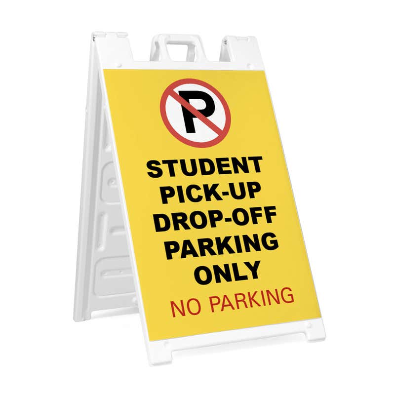 Student pickup A-frame sidewalk sign in white plastic frame, angled view