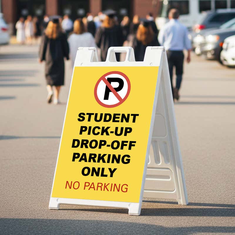 Student pickup A-frame sign displayed in a parking lot