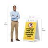 Student pickup A-frame sign shown with size dimensions beside a man
