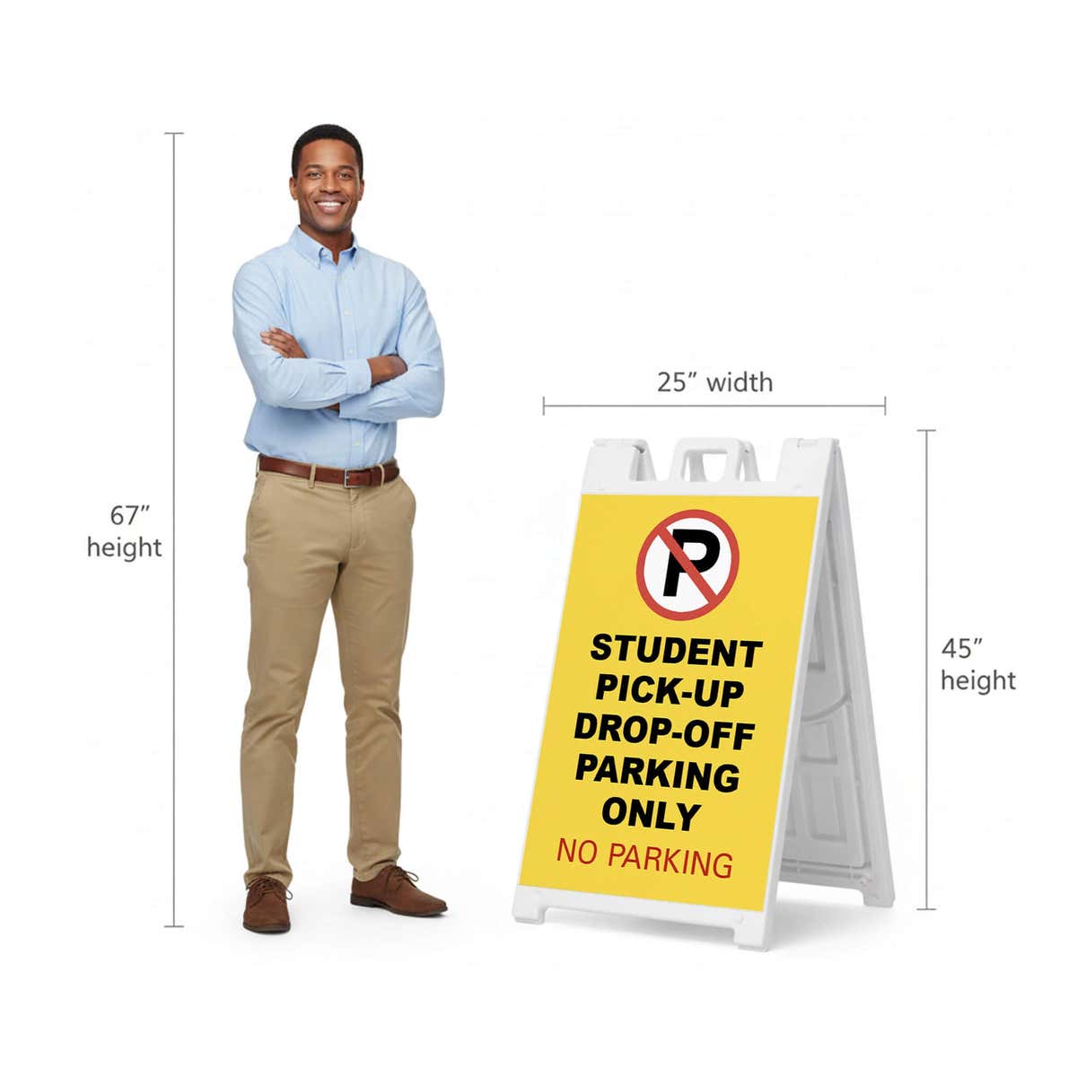Student pickup A-frame sign shown with size dimensions beside a man