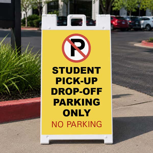 Student pickup A-frame sign standing on a sidewalk