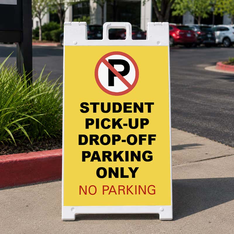 Student pickup A-frame sign standing on a sidewalk