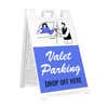 Valet parking A-frame sidewalk sign in white plastic frame, angled view