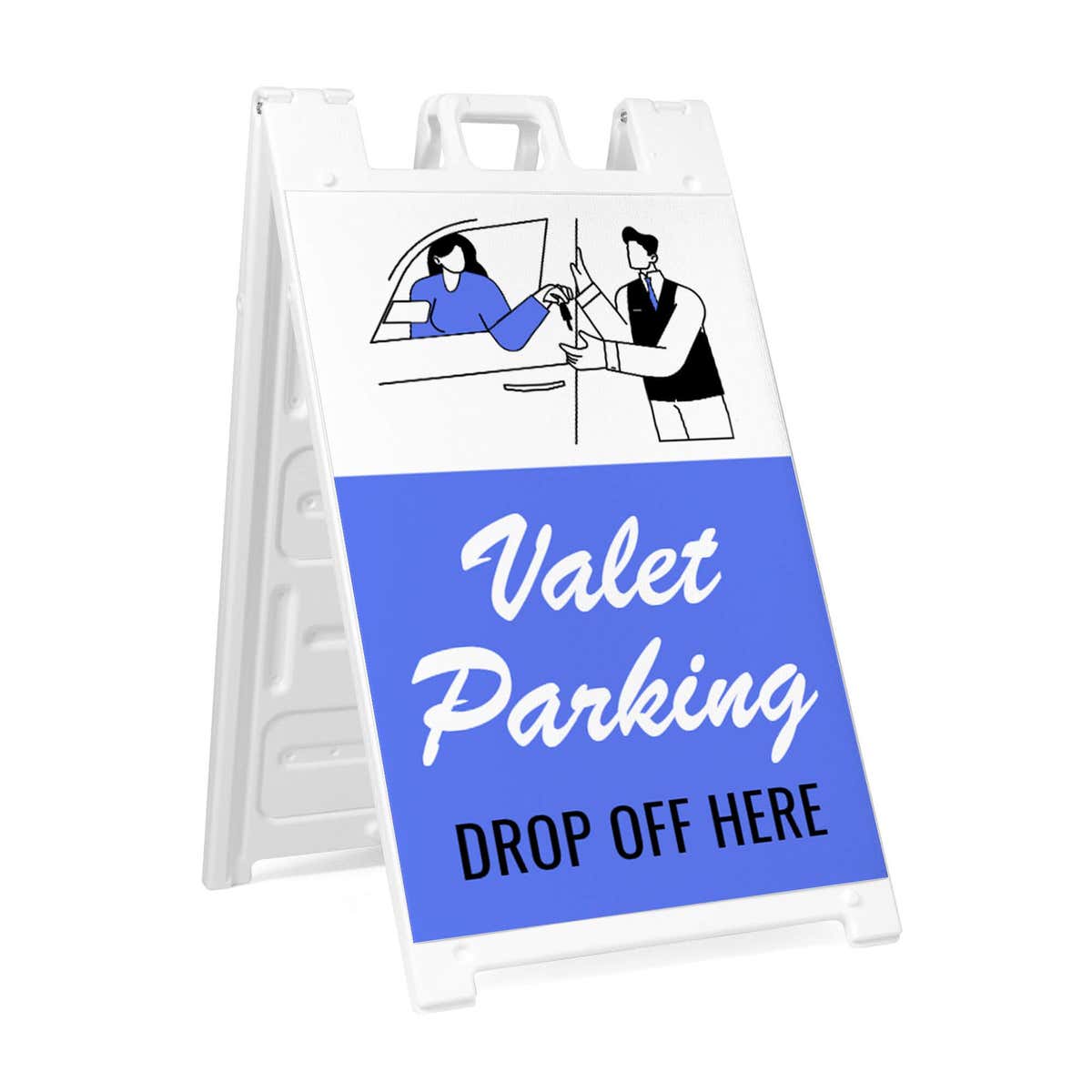 Valet parking A-frame sidewalk sign in white plastic frame, angled view