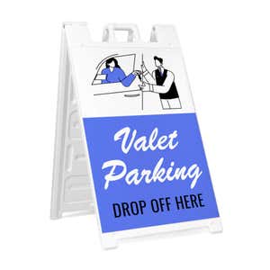Valet parking A-frame sidewalk sign in white plastic frame, angled view