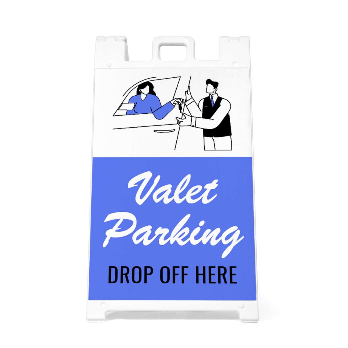 Front view of the valet parking A-frame sidewalk sign