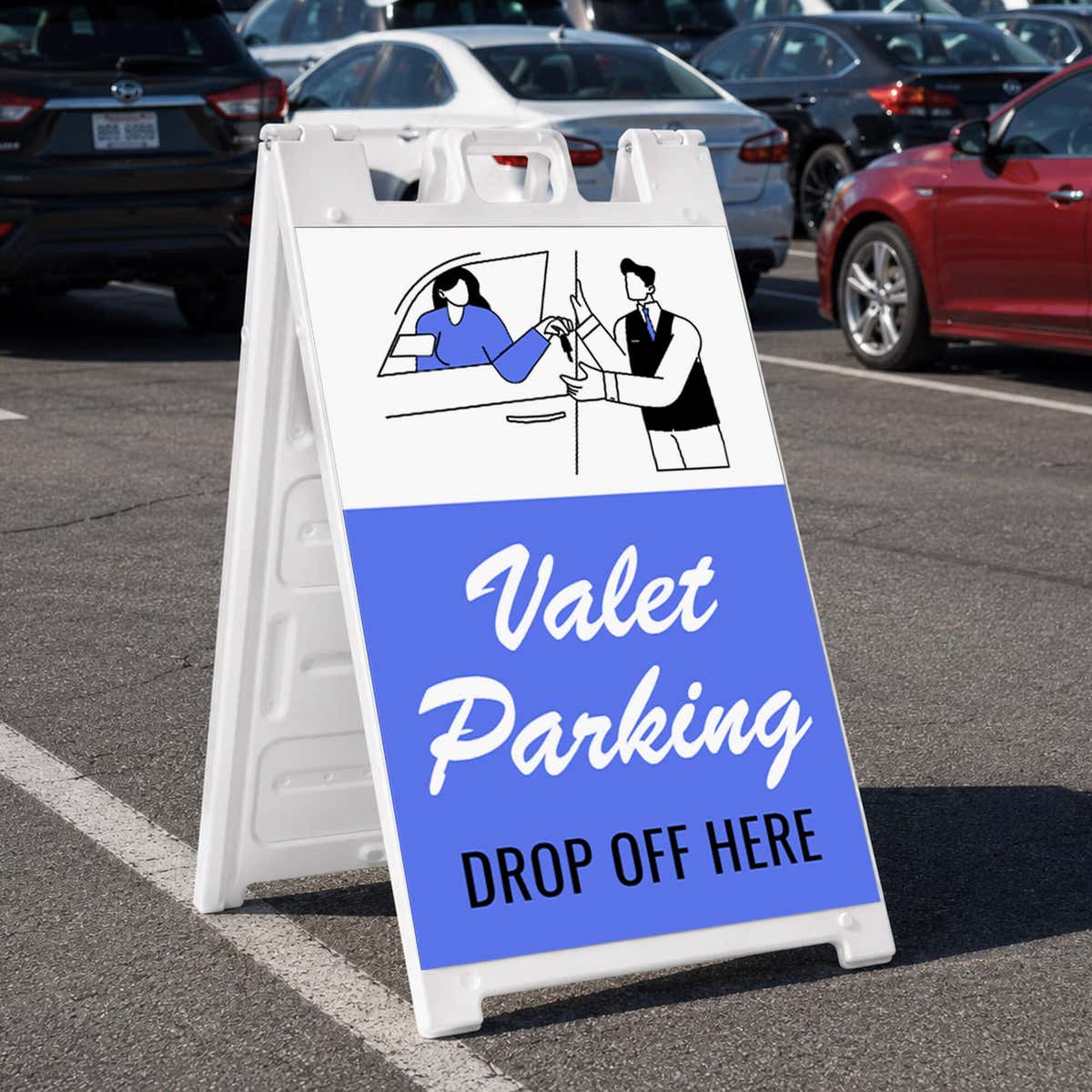 Valet parking A-frame sign displayed in a parking lot