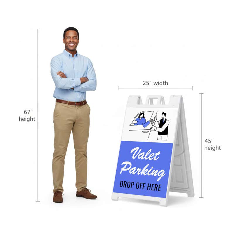 Valet parking A-frame sign shown with size dimensions beside a man