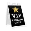 VIP parking A-frame sidewalk sign in white plastic frame, angled view