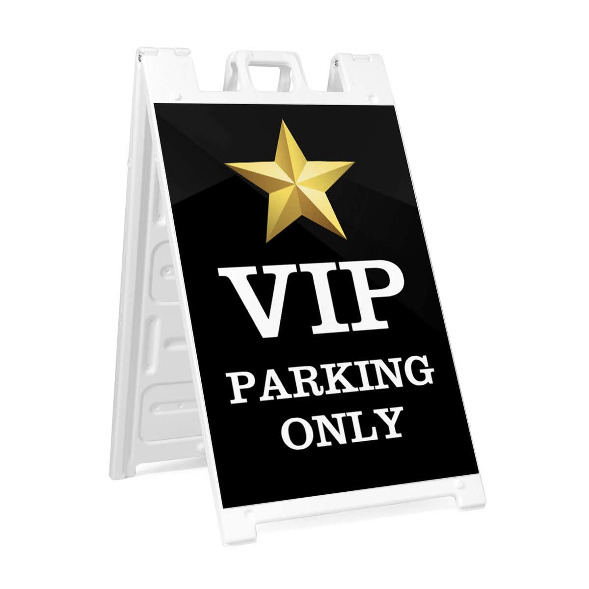 VIP parking A-frame sidewalk sign in white plastic frame, angled view