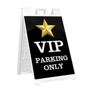 VIP parking A-frame sidewalk sign in white plastic frame, angled view