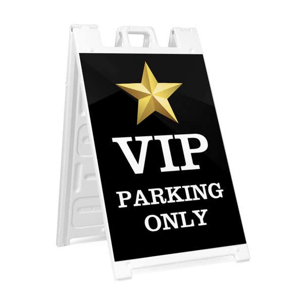 VIP parking A-frame sidewalk sign in white plastic frame, angled view