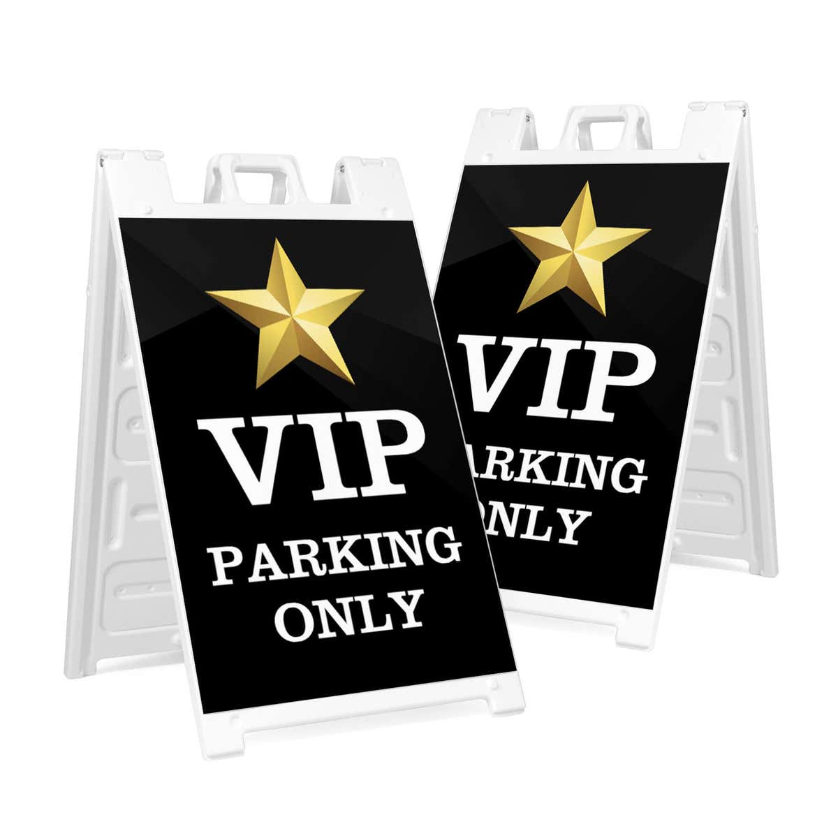 Two VIP parking A-frame sidewalk signs shown front and angled