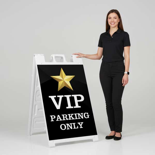 Woman standing beside a VIP parking A-frame sign for scale