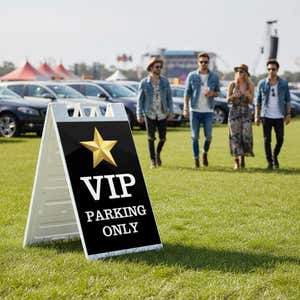 VIP parking A-frame sign in a grass overflow parking lot