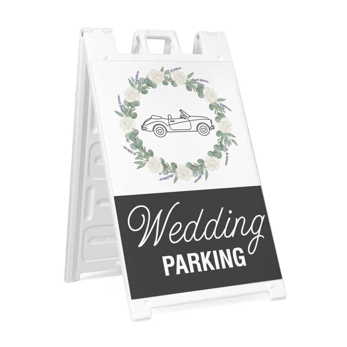 Wedding parking A-frame sidewalk sign in white plastic frame, angled view