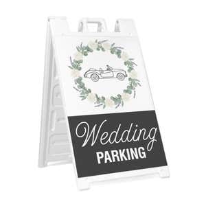 Wedding parking A-frame sidewalk sign in white plastic frame, angled view