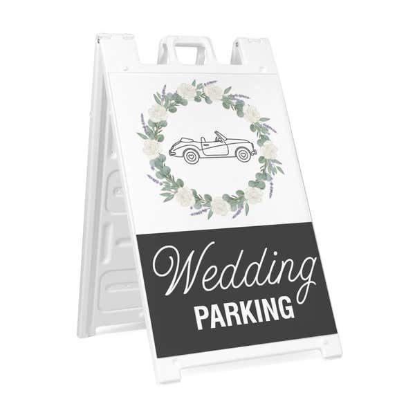 Wedding parking A-frame sidewalk sign in white plastic frame, angled view