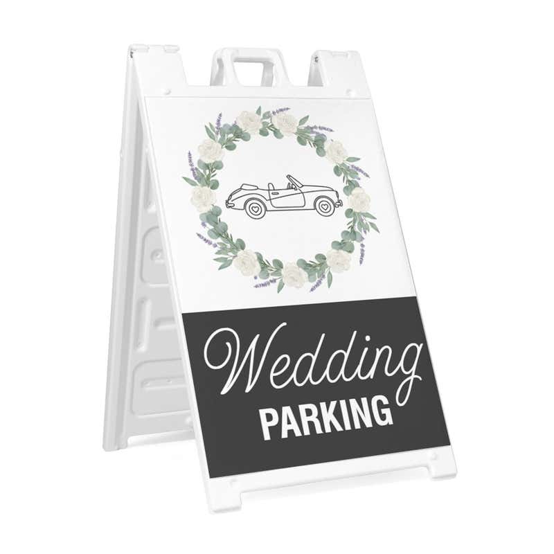 Wedding parking A-frame sidewalk sign in white plastic frame, angled view