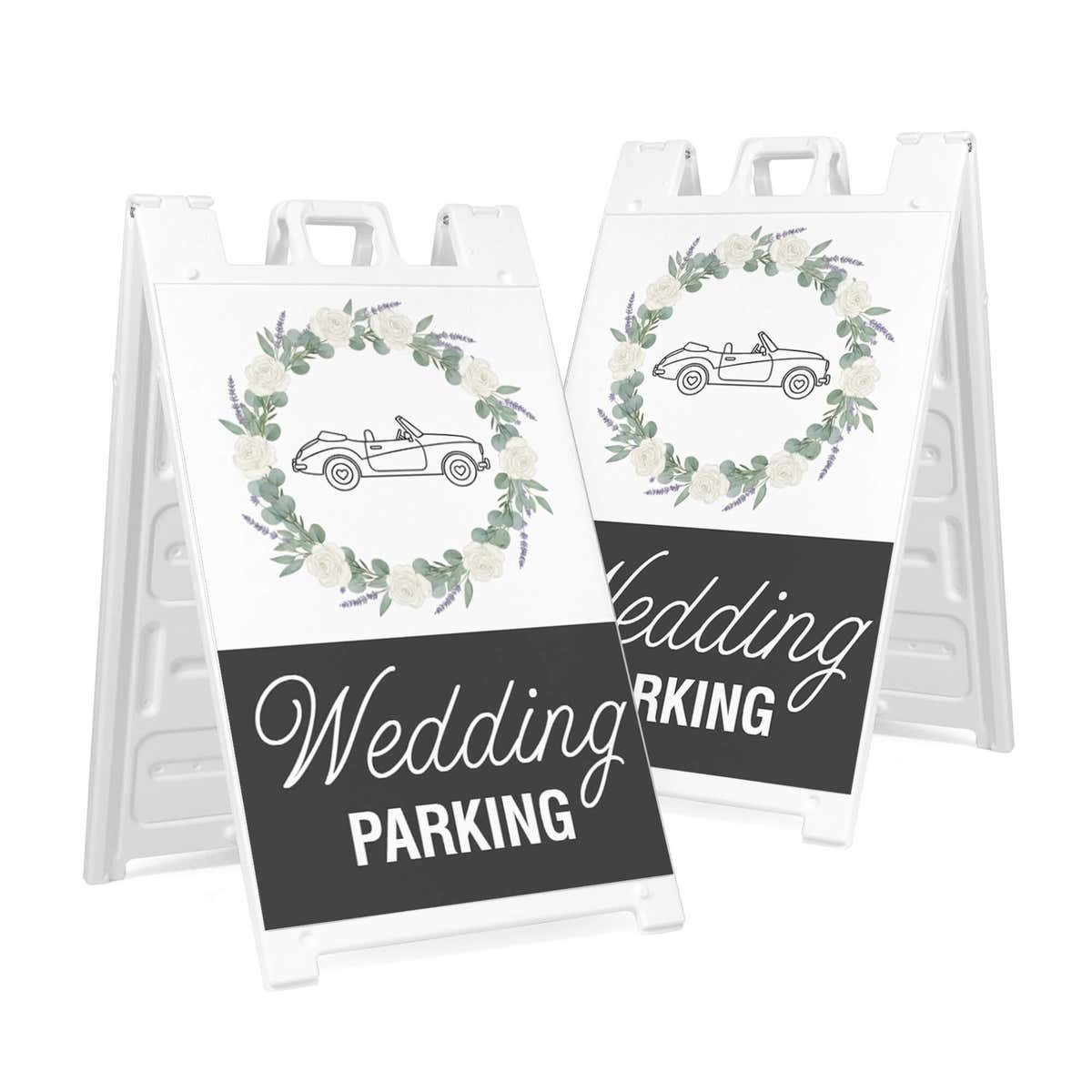 Two wedding parking A-frame sidewalk signs shown front and angled