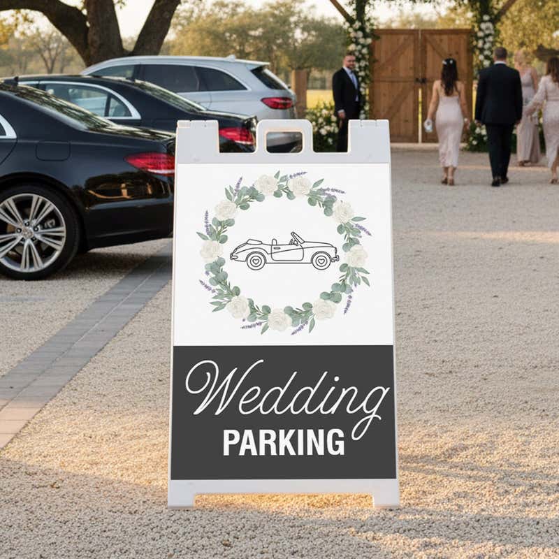 Wedding parking A-frame sign displayed in a gravel parking lot