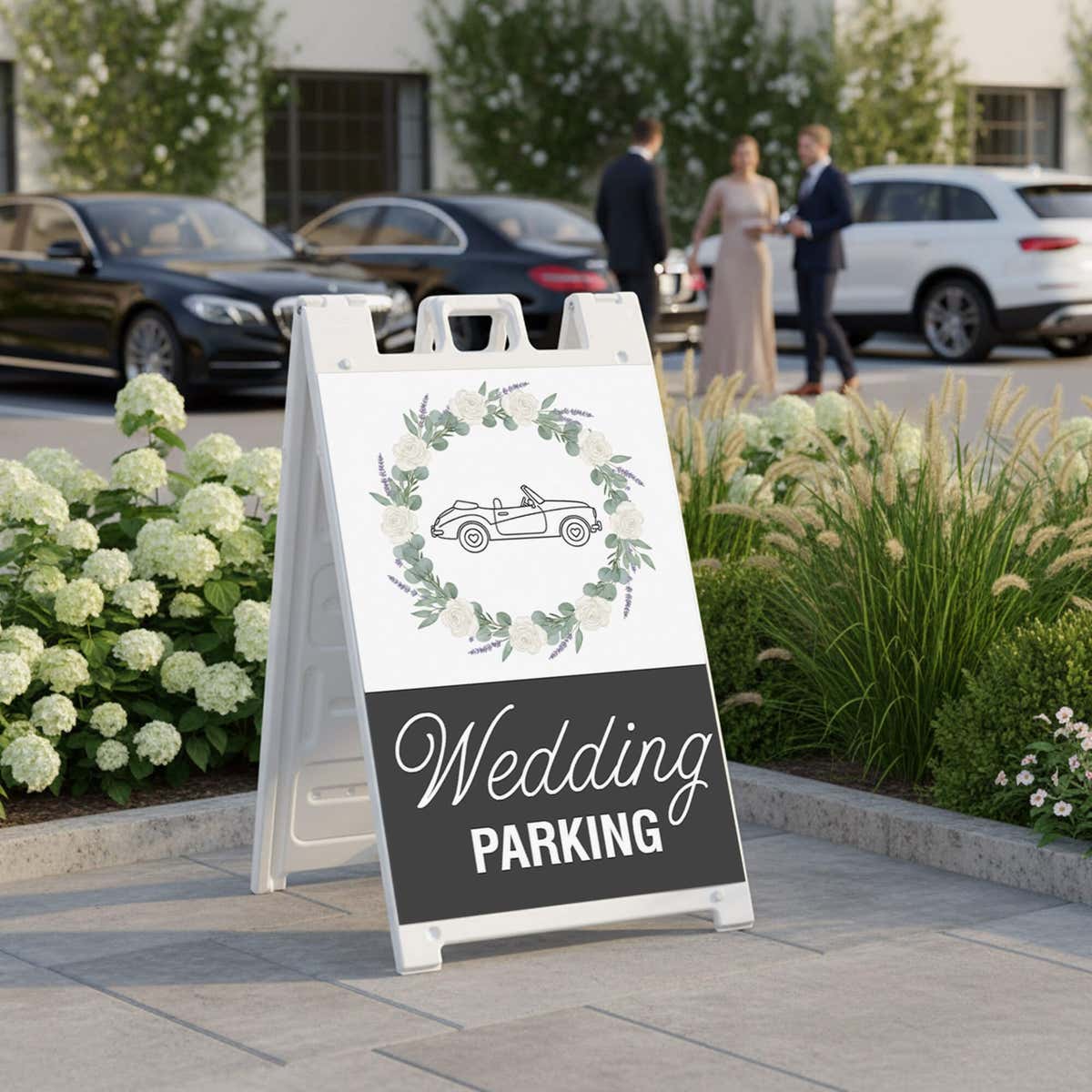 Wedding parking A-frame sign displayed in a parking lot