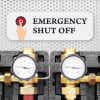 White sign with bold black text that reads “Emergency Shut Off” and an icon showing red power button pressed down by a hand