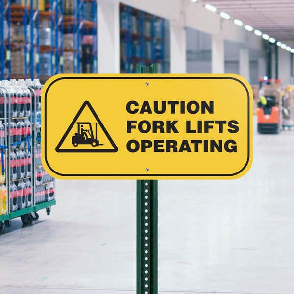 Yellow background custom sign with bold black text that reads: Caution Forklifts Operating with forklift icon