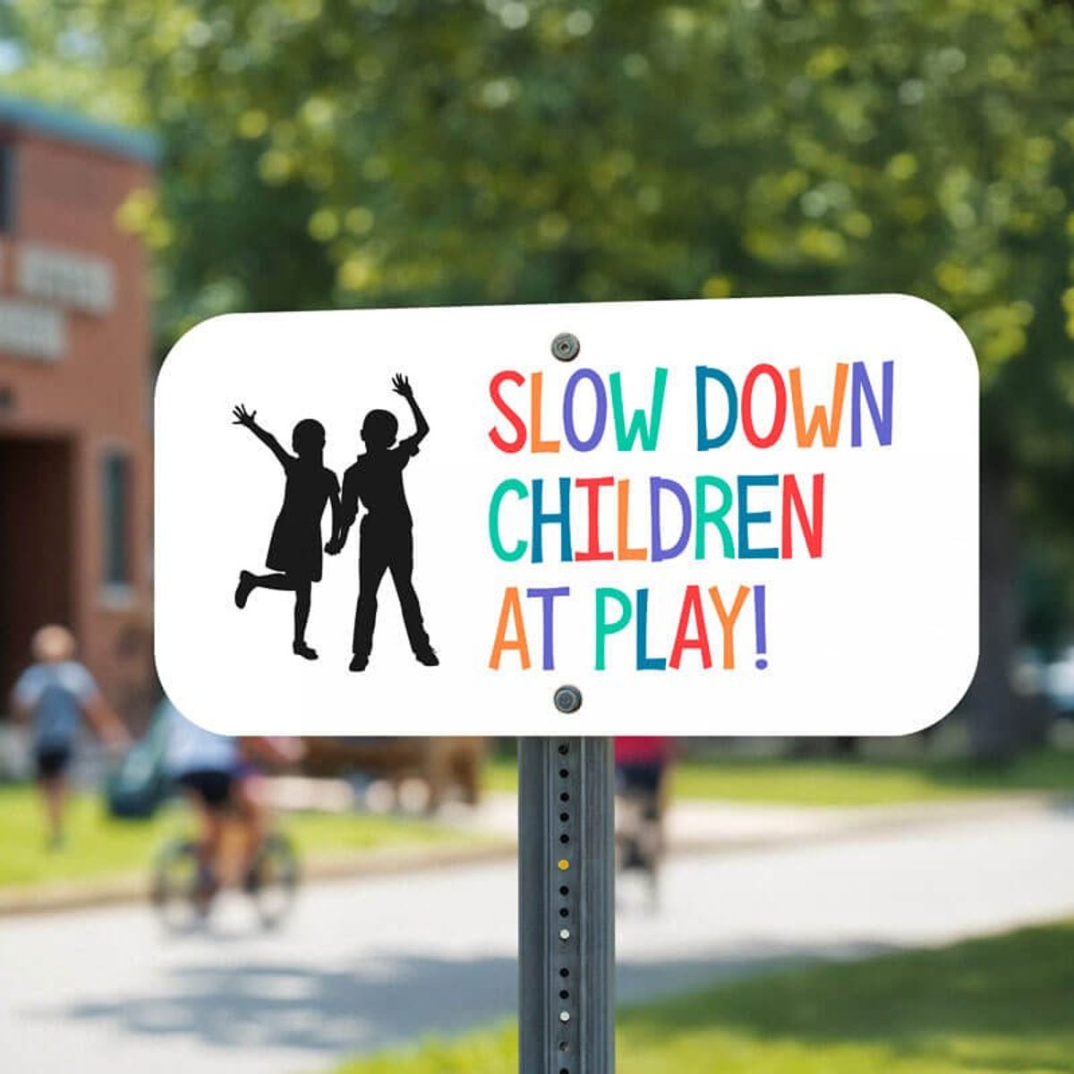 Custom traffic safety sign with a child icon that reads in colorful text: Slow Down Children At Play!