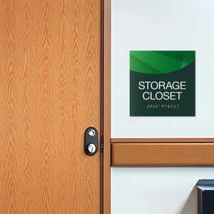 A modern layered ADA sign for a storage closet with a green foreground and green gradient background