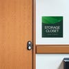 A modern layered ADA sign for a storage closet with a green foreground and green gradient background